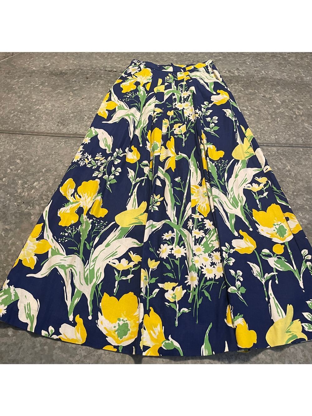 Vintage 60s Tulip Floral Maxi Skirt XS Navy Blue Yellow Woven Talon Zipper Retro